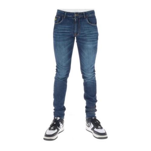 Blå Print Slidt Effekt Jeans