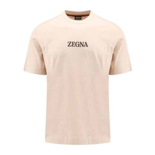 Beige Bomuld T-shirt med Crew-neck