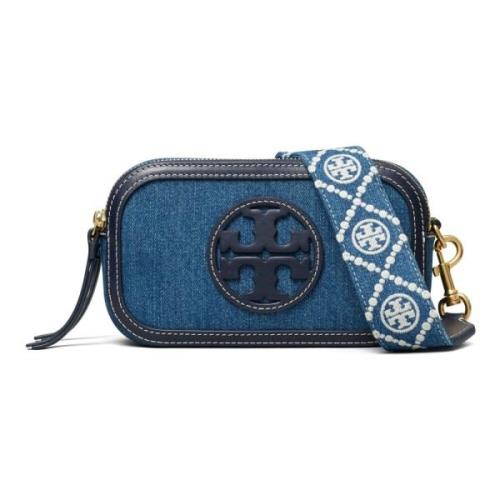 Blå Denim Crossbody Taske med Laser-Cut