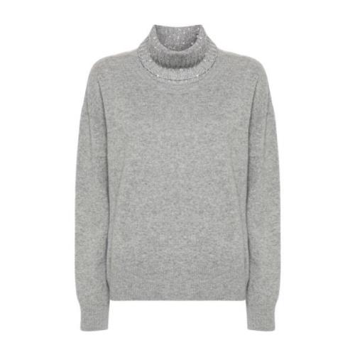 Grå Paillet Høj Hals Sweater