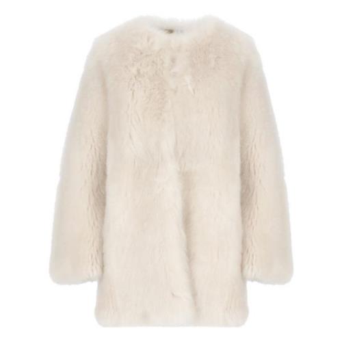 Shearling Pelsfrakke Ivory Rund Hals