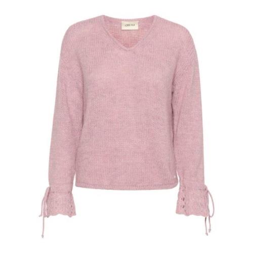 Pink Strik Pullover med Broderede Detaljer