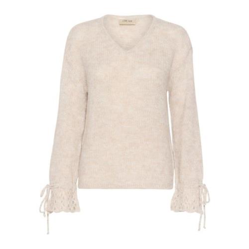 Beige Melange Strik Pullover med Broderede Detaljer