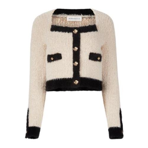 Beige Tweed Square Neckline Cardigan