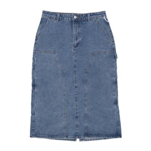 Denim Midi Nederdel med Værktøjslommer