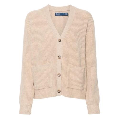 Beige V-Neck Sweater med Lommer