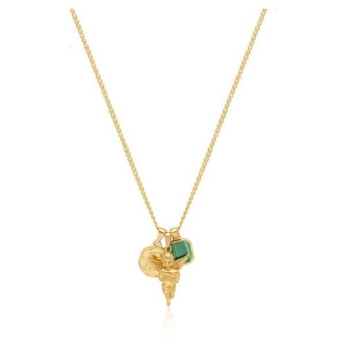 Mens Gold Talisman Necklace with Angel and Malachite Pendant