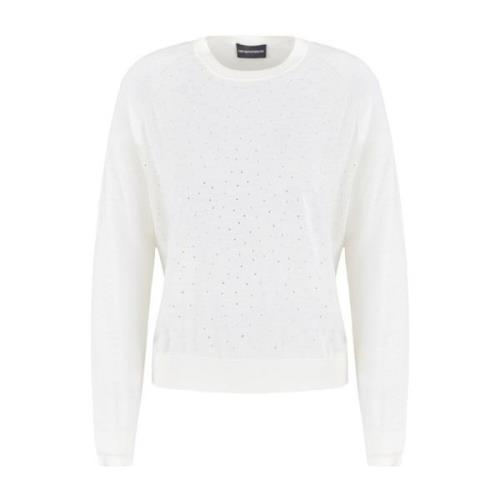 Hvid Rhinestone Pyntet Crew Neck Sweater