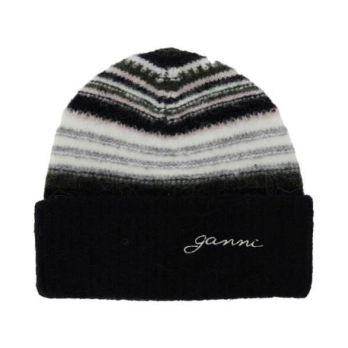 Stribet Blød Uld Beanie Hat Sort