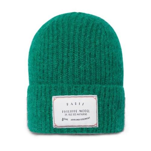 Grøn Mohair Uld Beanie med Broderet Patch