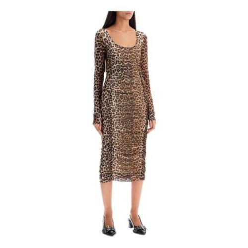 Leopard Print Mesh Midi Kjole