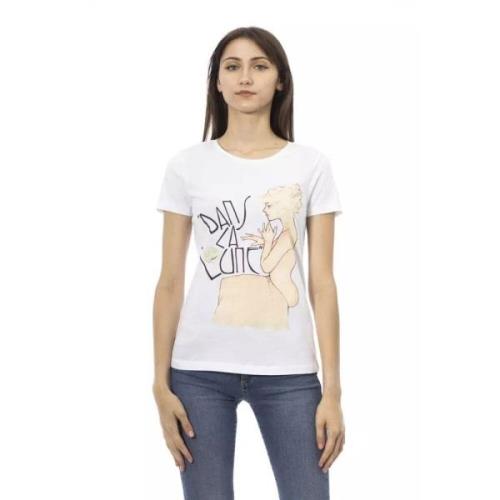 Elegant Hvidt Trykt Rund Hals T-Shirt