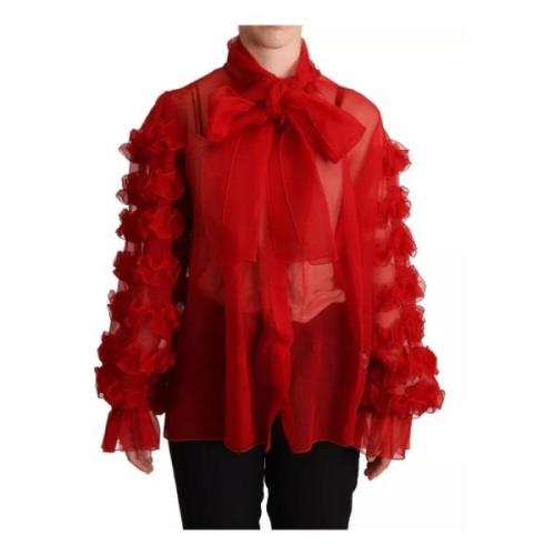 Rød Silke Ruffle Bluse Top