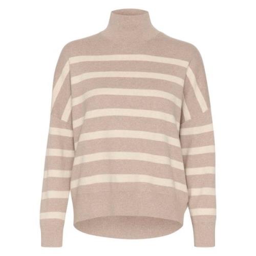 Stribet Turtleneck Pullover - Sandgrå