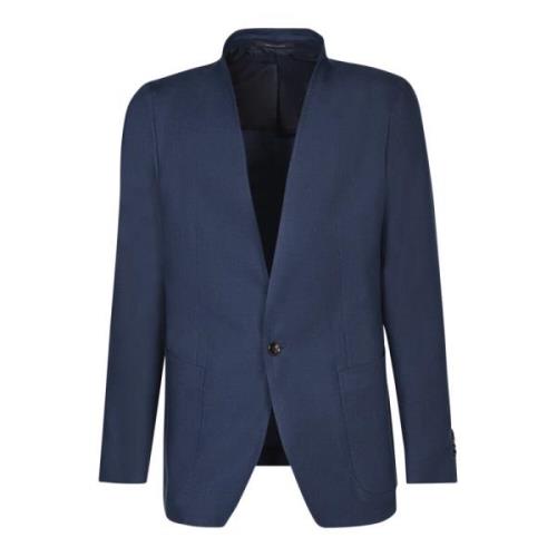 Blåt Linned Blazer Elegant Stil