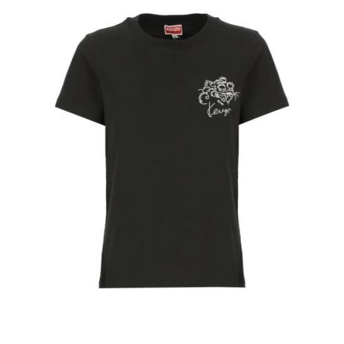 Sort Bomulds T-shirt med Logo Broderi