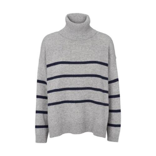 Stribet T-Hals Sweater Lys Grå