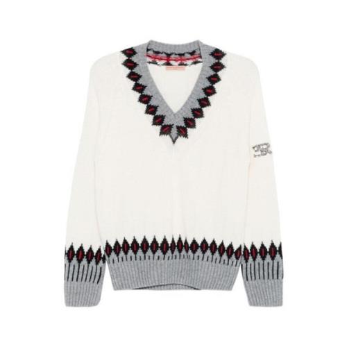 Hvid Kabelstrik V-hals Sweater