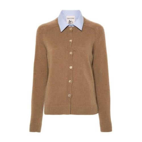 Strikket Beige Sweater med Poplin Krave