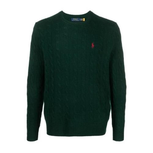 Grøn kabelstrikket sweater med Polo Pony-motiv