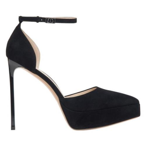 Kvinders Sort Velour Platform Pumps med Ankelrem