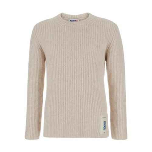 Beige Crewneck Sweater med Logo Patch