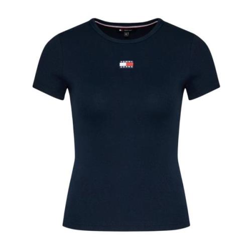 Ribbet Stretch T-shirt - Blå Rund Hals