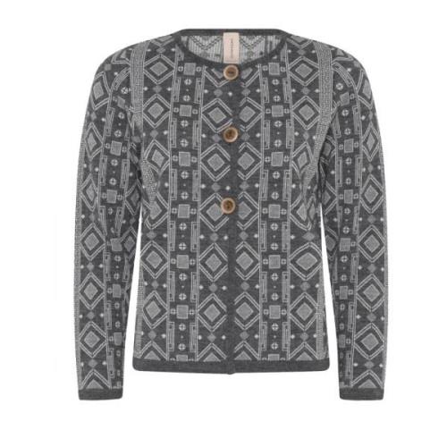 Grå Jacquard Knappe Cardigan