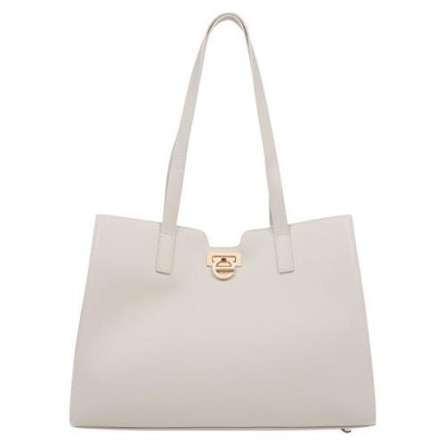 Kvinders Lys Beige Læder Shopper Taske med Guld Hardware ER00115798