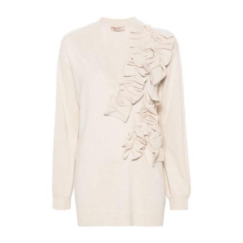 Beige V-Neck Ruffled Sweater