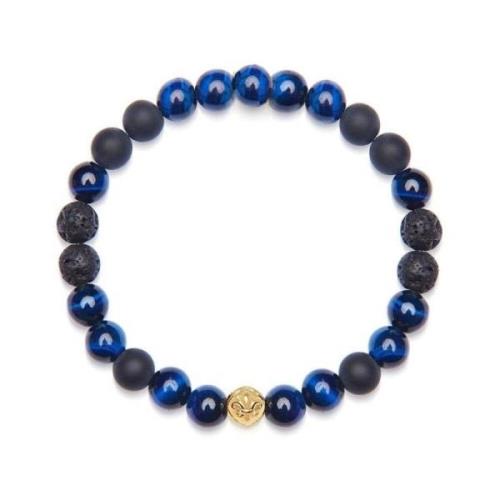 Men's Wristband with Blue Tiger Eye, Lava Stone, Matte Onyx, and Gold