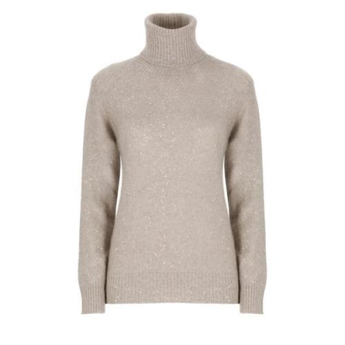 Beige Paillet Sweater Høj Hals Lange Ærmer