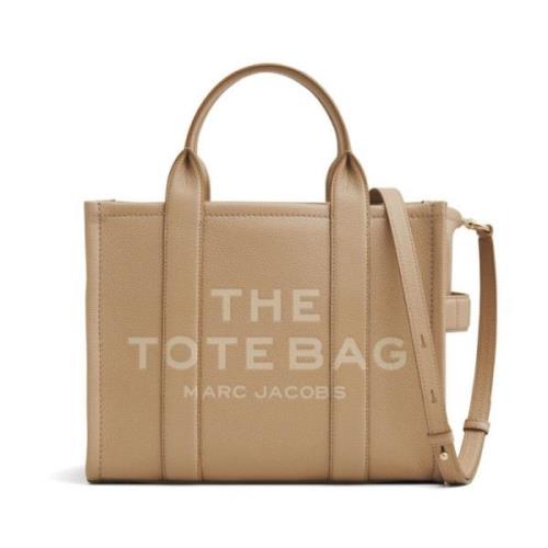 Beige Læder Tote Taske med Prægede Logoer