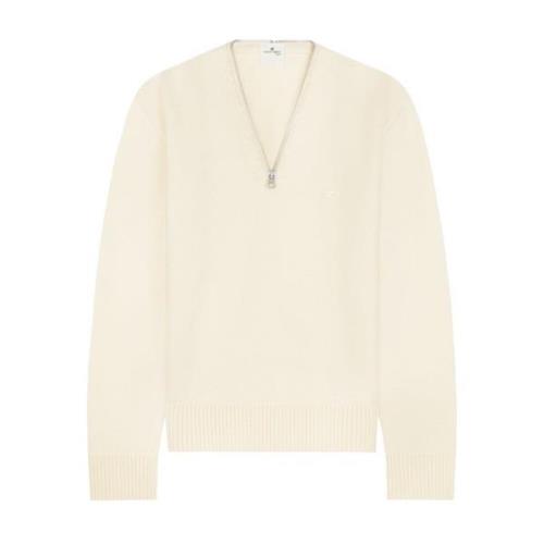 Beige V-Neck Uld Sweater med Lynlåsdetaljer