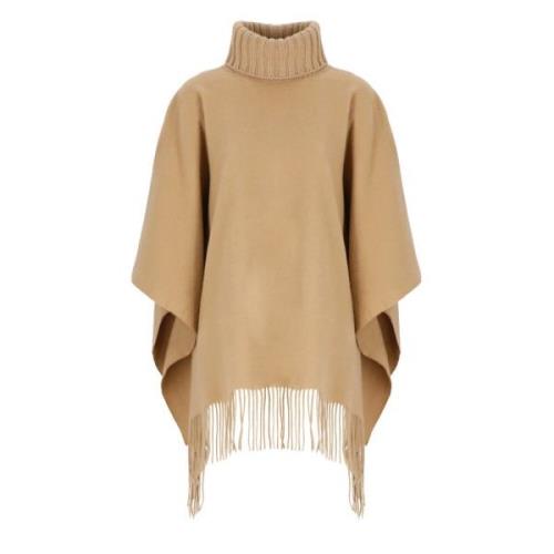 Beige Uld Silke Cape med Frynser