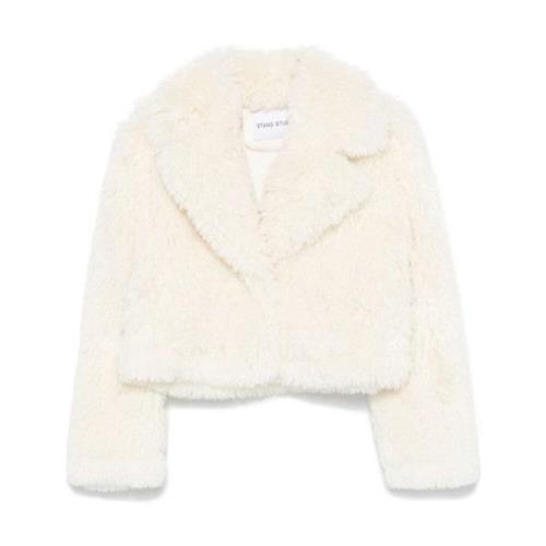 Hvid Faux-Fur Jakke med Bred Revers