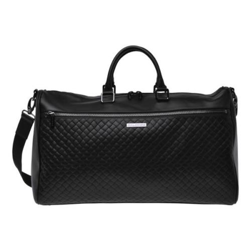 Travel bag in black woven leather with print