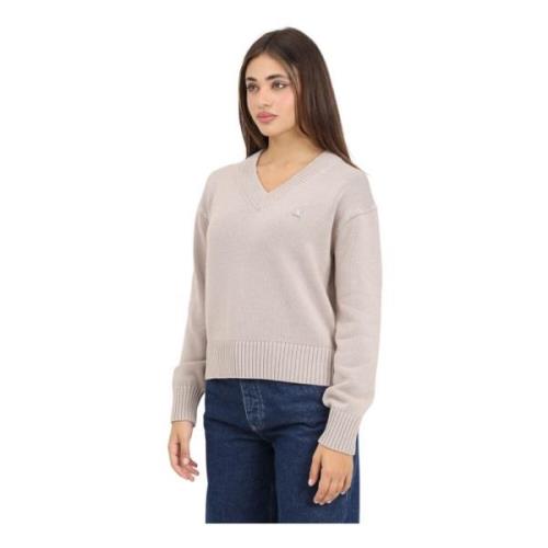 Beige V-hals sweater til kvinder efterår/vinter