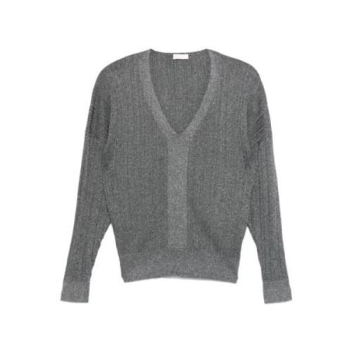 Ribbet V-hals sweater med Lurex detalje