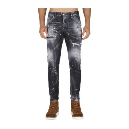 Skater Sort Slidt Maling Splatter Jeans