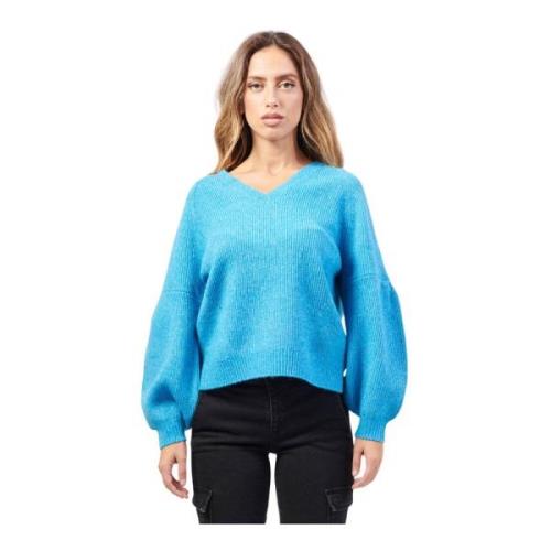 Blå Ribstrikket Sweater Raglan Ærmer