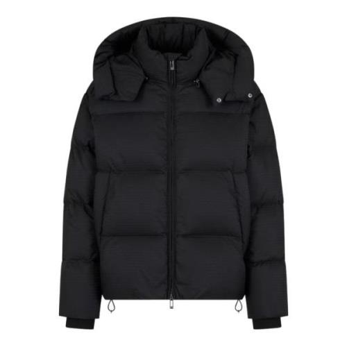 Blå Nylon Jacquard Logo Puffer Jakke