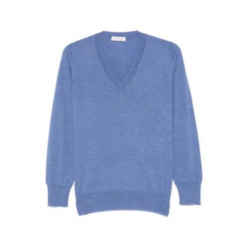 Blå Melange V-Hals Uld Sweater