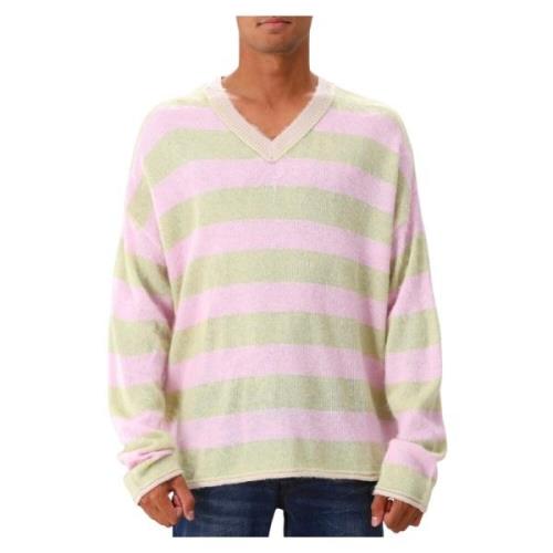 Stribet V-hals Sweater Lys Grøn/Rosa