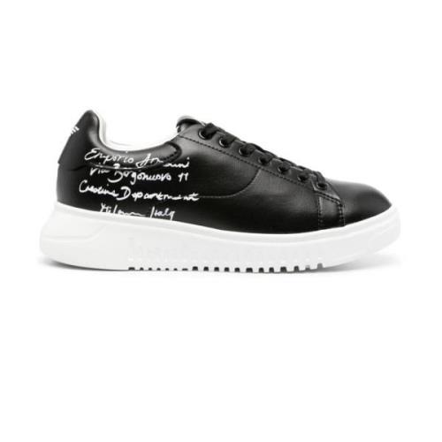 Sorte Calligraphy Print Lædersneakers