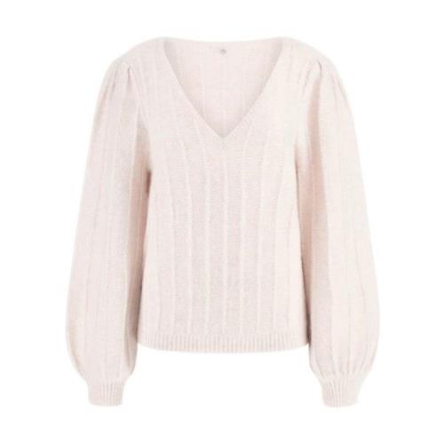 Rosa V-hals Sweater med Puff Ærmer