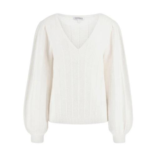 Hvid V-hals Sweater med Puff Ærmer