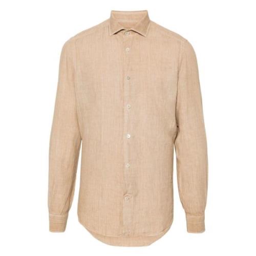 Casual Beige Linned Skjorte med Lange Ærmer