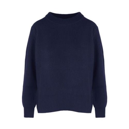 Blå Cashmere Sweater med Ribbed Broderi