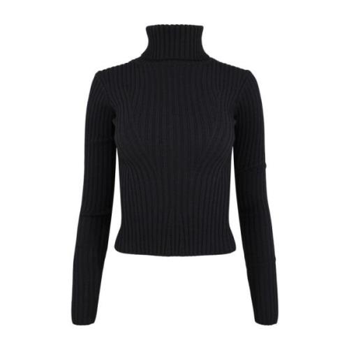 Sort Ribstrikket Rullekrave Sweater